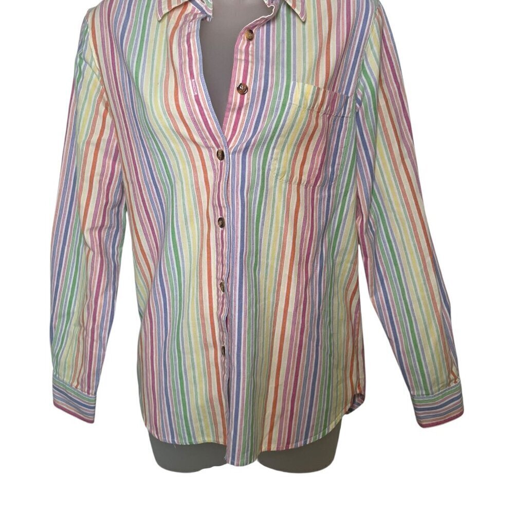 Blair Women’s Rainbow Stripe Button Down Shirt Tortoise Buttons 100% Cotton S - Picture 3 of 5
